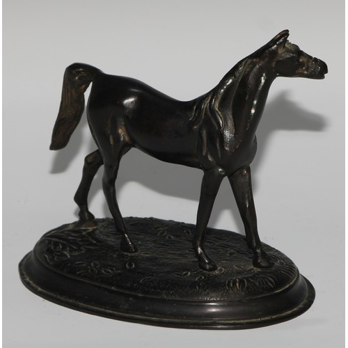 233 - A Continental dark patinated desk sculpture, cast as a horse, oval base, 13.5cm high