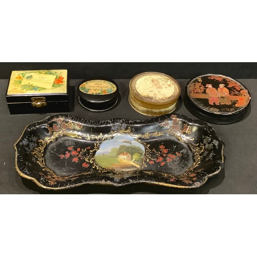 397 - A Victorian papier-mâché pen tray; two Victorian papier-mâché boxes; a Georgian chinoiserie circular... 