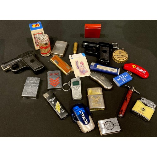 428 - A collection of cigarette lighters including novelty, advertising, etc; two cigarette cases as pisto... 