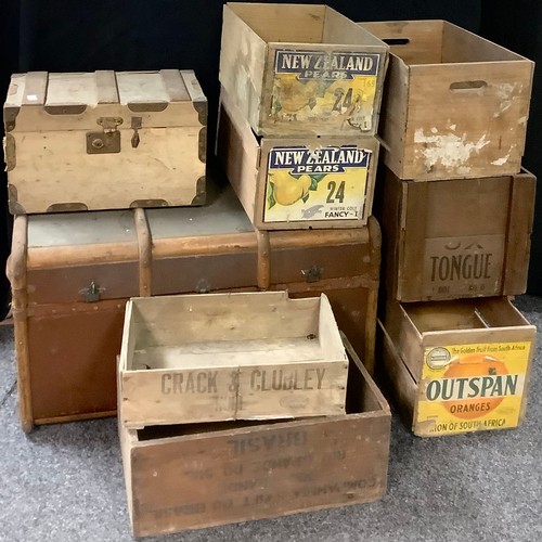 439 - Vintage wooden fruit crates, some bearing labels; other crates and boxes; an early 20th century stea... 