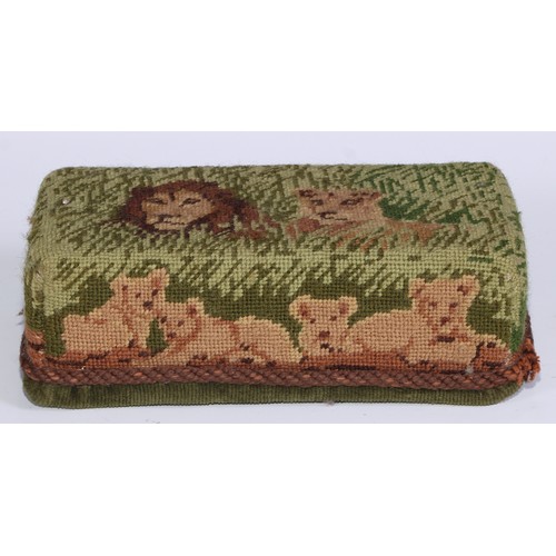 456 - A Victorian needlework brick cover door stop, in coloured wool with a lion and lioness, 23cm wide, c... 