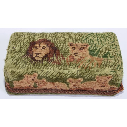 456 - A Victorian needlework brick cover door stop, in coloured wool with a lion and lioness, 23cm wide, c... 