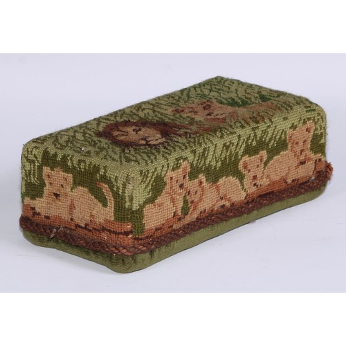 456 - A Victorian needlework brick cover door stop, in coloured wool with a lion and lioness, 23cm wide, c... 