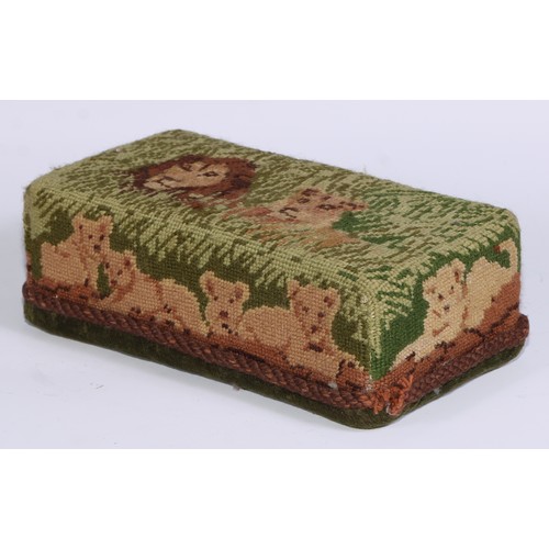 456 - A Victorian needlework brick cover door stop, in coloured wool with a lion and lioness, 23cm wide, c... 