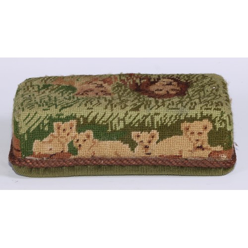 456 - A Victorian needlework brick cover door stop, in coloured wool with a lion and lioness, 23cm wide, c... 