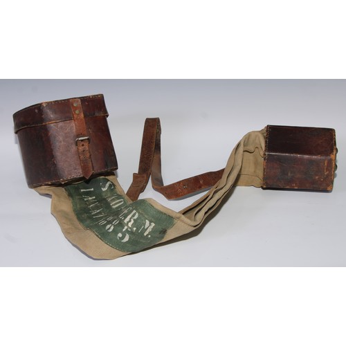 488 - A leather and canvas instrument bag, probably military, inscribed STAD 1A EN INVAR 34885, 115cm long