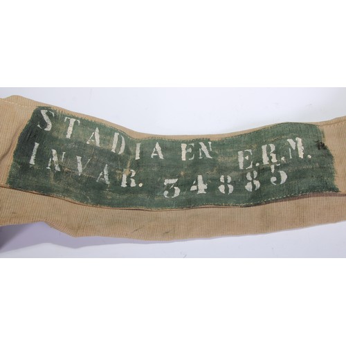 488 - A leather and canvas instrument bag, probably military, inscribed STAD 1A EN INVAR 34885, 115cm long