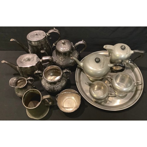 493 - A Manor Period Sheffield Pewter five piece tea service; a Victorian plated tea service; other plated... 