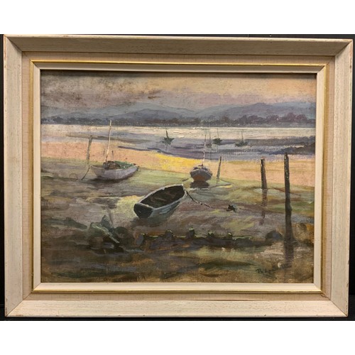 474 - Philip Scott, Estuary at low tide, signed, oil on board, 34cm x 44cm.