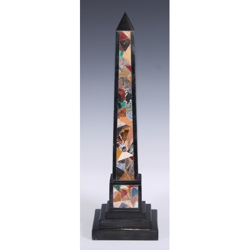 501 - A pietra dura library obelisk, inlaid in malachite, lapis lazuli and specimen stones, stepped square... 