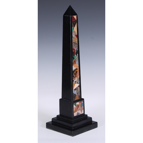 501 - A pietra dura library obelisk, inlaid in malachite, lapis lazuli and specimen stones, stepped square... 