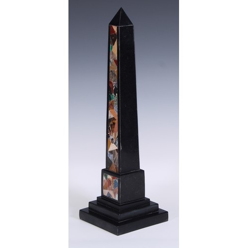 501 - A pietra dura library obelisk, inlaid in malachite, lapis lazuli and specimen stones, stepped square... 