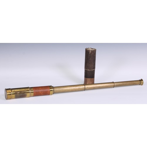 515 - A 19th century lacquered brass three-draw telescope, leather bound grip, aperture cover to eyepiece,... 