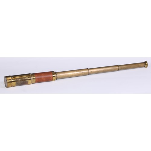 515 - A 19th century lacquered brass three-draw telescope, leather bound grip, aperture cover to eyepiece,... 