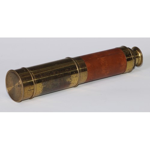 515 - A 19th century lacquered brass three-draw telescope, leather bound grip, aperture cover to eyepiece,... 