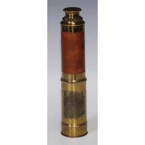 515 - A 19th century lacquered brass three-draw telescope, leather bound grip, aperture cover to eyepiece,... 