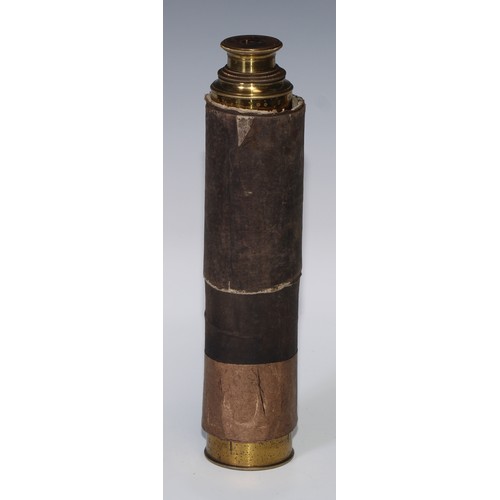 515 - A 19th century lacquered brass three-draw telescope, leather bound grip, aperture cover to eyepiece,... 