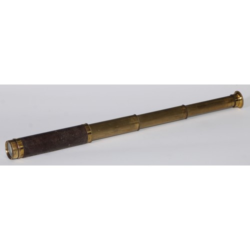 517 - A 19th century lacquered brass three-draw pocket telescope, leather bound grip, aperture cover to ey... 