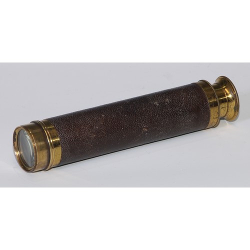 517 - A 19th century lacquered brass three-draw pocket telescope, leather bound grip, aperture cover to ey... 