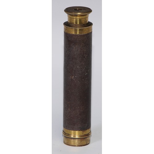 517 - A 19th century lacquered brass three-draw pocket telescope, leather bound grip, aperture cover to ey... 