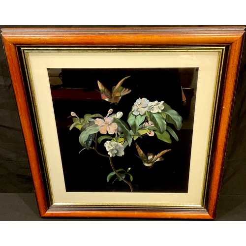 478 - A Victorian silk painting, hummingbirds and blossoms on black silk ground, 38cm x 35cm