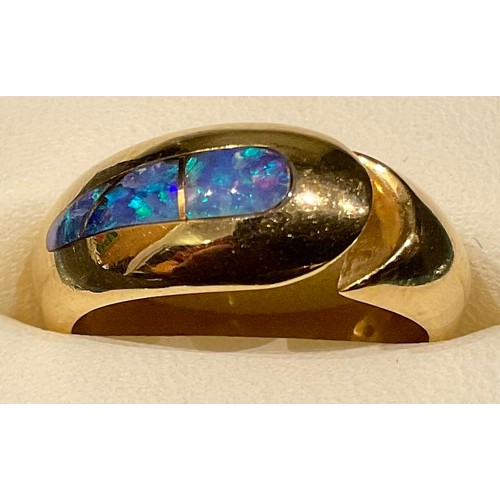 571 - A 14k gold ring, set with an arrangement of three opal specimen stones, size N, unmarked (Purchased ... 