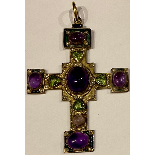 585 - A Digeo Percossi gilt metal and enamel cross pendant, set with polished amethyst, peridot and seed p... 