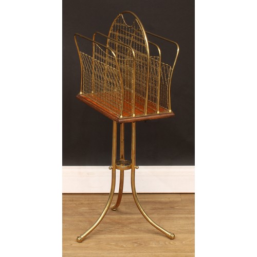 14 - A late Victorian brass and oak Hall patent revolving Canterbury, 84cm high, 37cm wide, 23cm deep