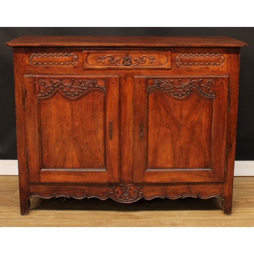 110 - A French cherry enfilade or buffet serving sideboard, slightly oversailing top with chamfered forean... 