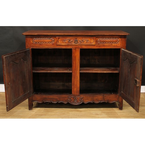 110 - A French cherry enfilade or buffet serving sideboard, slightly oversailing top with chamfered forean... 