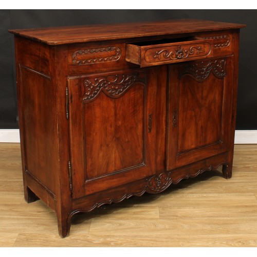 110 - A French cherry enfilade or buffet serving sideboard, slightly oversailing top with chamfered forean... 