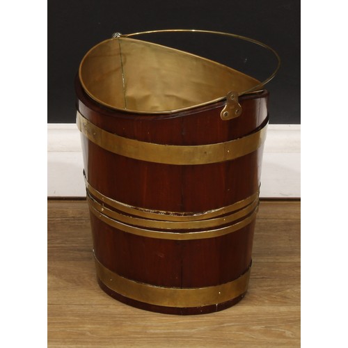 204 - A brass bound coopered mahogany peat bucket or fuel bin, 48cm high over handle, 32cm wide, 26.5cm de... 