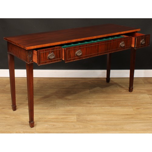 209 - An Adam style serving table, rectangular top above three frieze drawers, tapered square legs, spade ... 