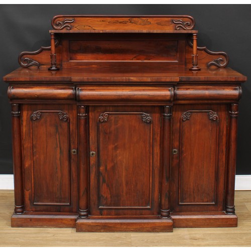 212 - A William IV/early Victorian rosewood chiffonier or sideboard, shaped superstructure with rectangula... 