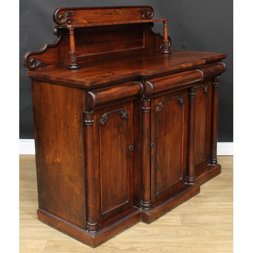 212 - A William IV/early Victorian rosewood chiffonier or sideboard, shaped superstructure with rectangula... 