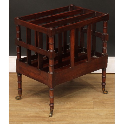 217 - A George III mahogany three-section Canterbury, ring-turned supports and legs, brass casters, 54cm h... 