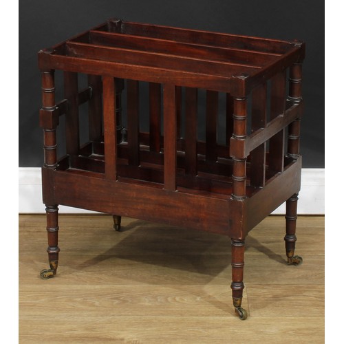 217 - A George III mahogany three-section Canterbury, ring-turned supports and legs, brass casters, 54cm h... 