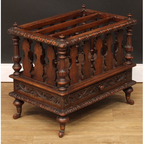 219 - A late Victorian oak three-section Canterbury, drawer to frieze, 53cm high, 61cm wide, 41cm deep