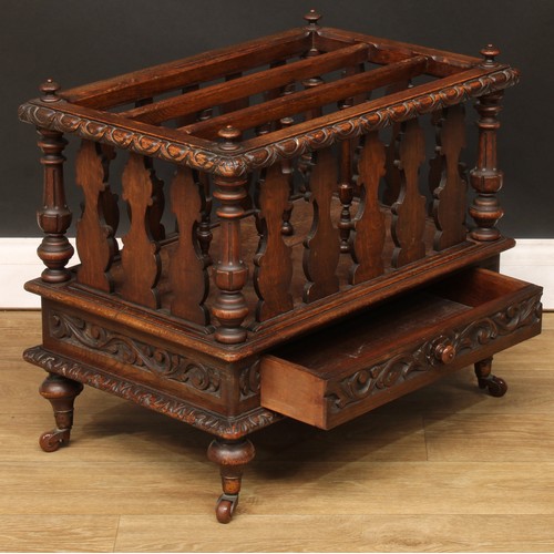 219 - A late Victorian oak three-section Canterbury, drawer to frieze, 53cm high, 61cm wide, 41cm deep