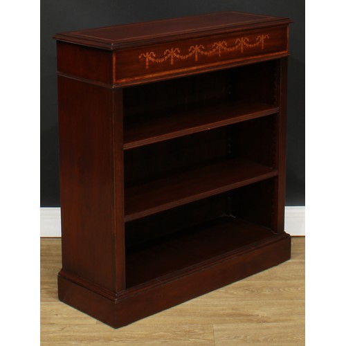 309 - An Edwardian style mahogany and marquetry open bookcase, 90cm high, 82.5cm wide, 30cm deep