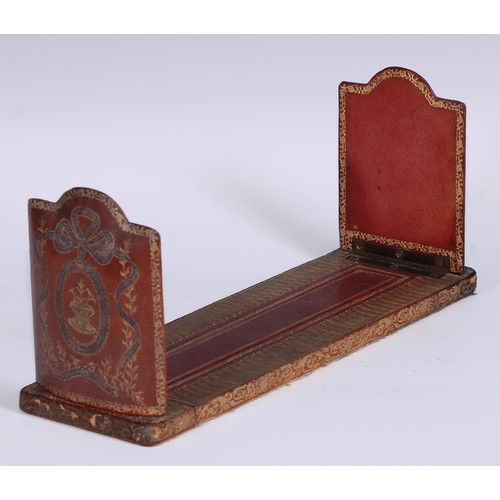 95A - An Edwardian red morocco rounded rectangular adjustable book slide, by Dreyfous, Mount Street, Londo... 