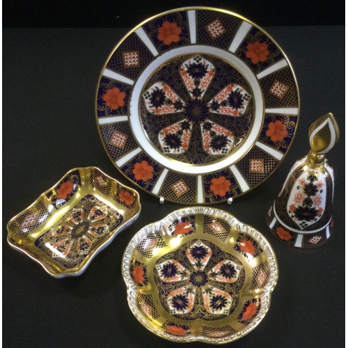 16 - A Royal Crown Derby 1128 side plate, printed mark;  two 1128 trinket dishes;  a bell (4)