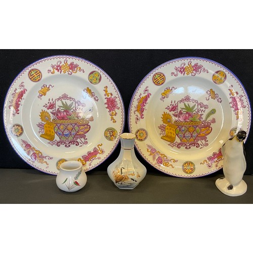 65 - A pair of Wedgwood Basket pattern, 26.5cm diameter dinner plates;  Poole model Penguin etc