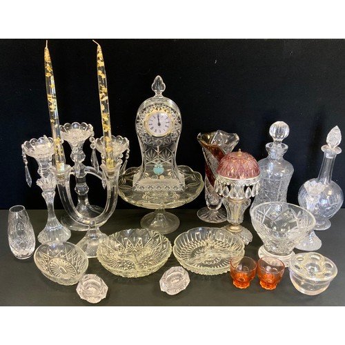 87 - A Bohemia Crystal three light two branch table lustre; a similar mantel clock;   table candlesticks,... 