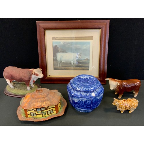 94 - A Leonardo resin model, of Hereford cow, mahogany base;  other cattle;  a Maling Ware North East Coa... 