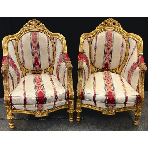 161 - A pair of French Rocco style gilt wood armchairs, ornate frames, striped upholstery, NB - This pair ... 