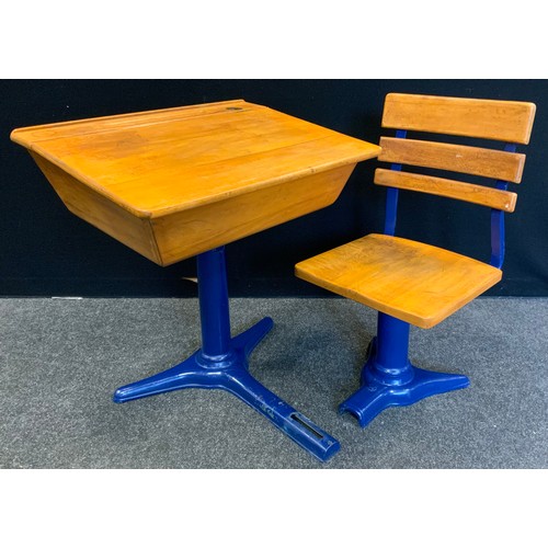 166 - A vintage School desk, with cast iron base and slide action chair