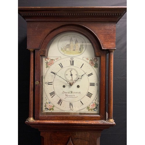 176 - A 19th century inlaid oak longcase clock, the arched painted dial inscribed David Stevens, Newark, R... 