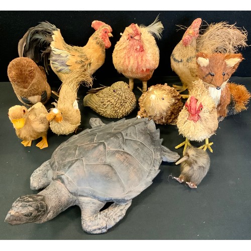 183 - A naturalistically modelled pottery Turtle, 34cm x 18cm;  straw fox;  hens etc