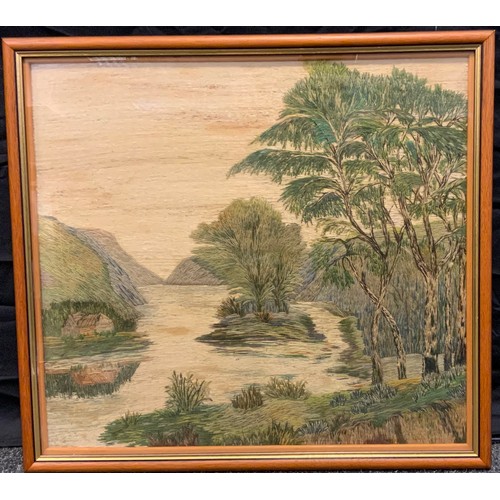 184 - Textiles - an early 20th century woolwork sampler, River Landscape, 49cm x 54cm